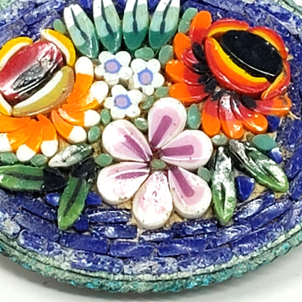 Vintage Micro Mosaic Raised Floral Oval Pin Brooch Purple Teal C Clamp - Picture 4 of 12